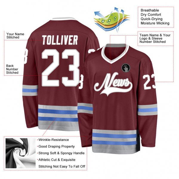 Custom Burgundy White-Blue Hockey Jersey