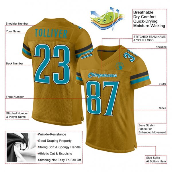 Custom Old Gold Teal-Black Mesh Authentic Football Jersey