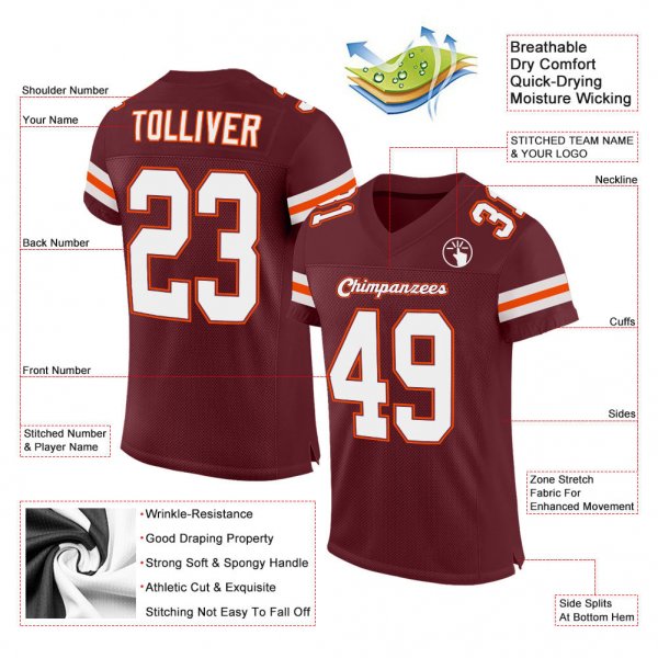 Custom Burgundy White-Orange Mesh Authentic Football Jersey