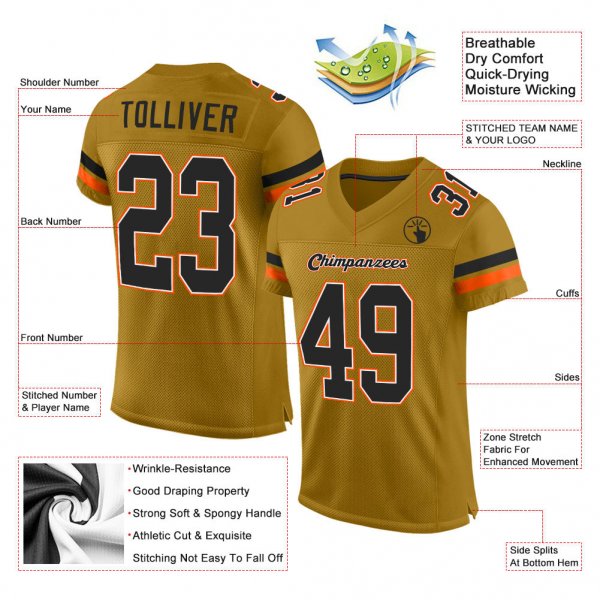 Custom Old Gold Black-Orange Mesh Authentic Football Jersey