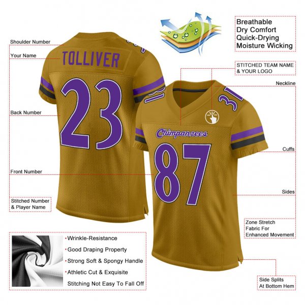 Custom Old Gold Purple-Black Mesh Authentic Football Jersey