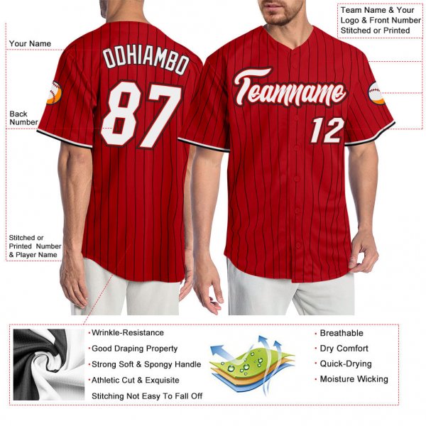 Custom Red Black Pinstripe White-Black Authentic Baseball Jersey