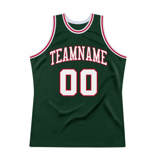 Custom Hunter Green White-Red Authentic Throwback Basketball Jersey