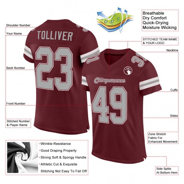 Custom Burgundy Gray-White Mesh Authentic Football Jersey
