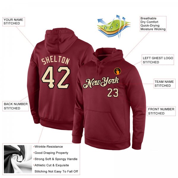 Custom Stitched Burgundy Cream-Black Sports Pullover Sweatshirt Hoodie